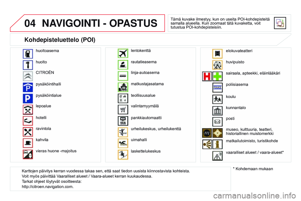 CITROEN DS3 CABRIO 2015  Omistajan Käsikirjat (in Finnish) 04
DS3_fi_Chap13b_RT6-2-8_ed01-2014
NAVIGOINTI - OpASTUS
Tämä kuvake ilmestyy, kun on useita POI-kohdepisteitä 
samalla alueella. Kun zoomaat tätä kuvaketta, voit 
tutustua POI-kohdepisteisiin.
h