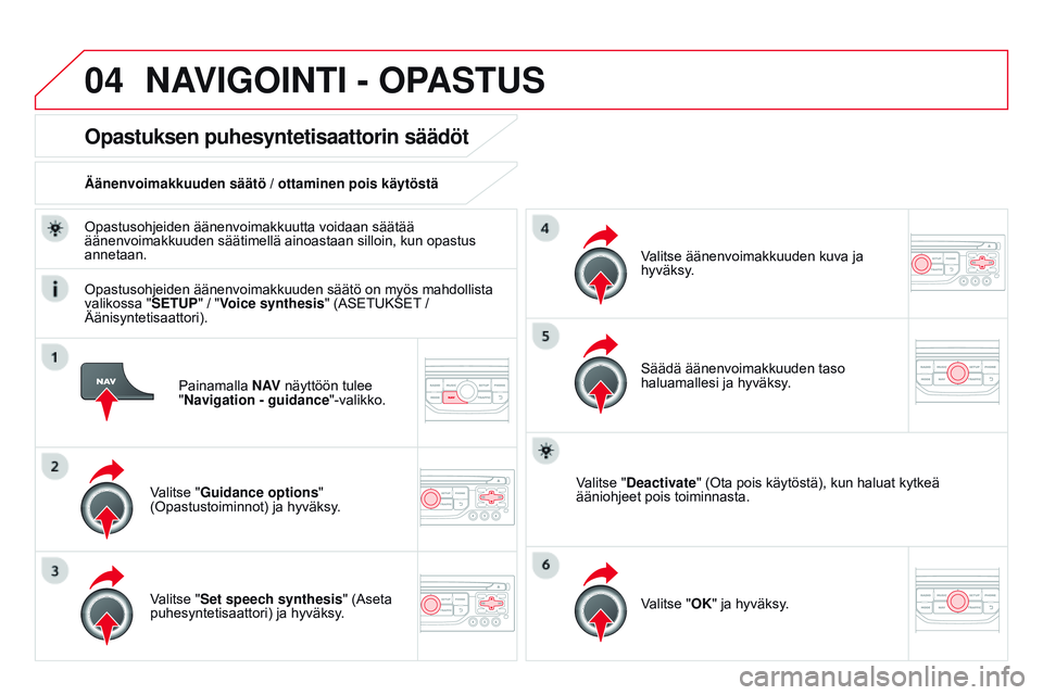 CITROEN DS3 CABRIO 2015  Omistajan Käsikirjat (in Finnish) 04
DS3_fi_Chap13b_RT6-2-8_ed01-2014
Painamalla N AV näyttöön tulee 
"Navigation - guidance "-valikko.
Opastuksen puhesyntetisaattorin säädöt
Valitse "Guidance options " 
(Opastus