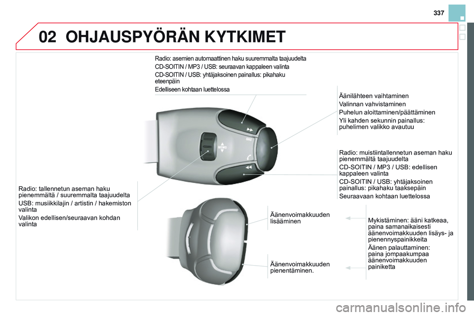CITROEN DS3 CABRIO 2015  Omistajan Käsikirjat (in Finnish) 02
337
DS3_fi_Chap13c_RD45_ed01_2014
OHJAUSpYÖRÄN KYTKIMET
Radio: asemien automaattinen haku suuremmalta taajuudelta
CD-SOITIN  / MP3   / USB: seuraavan kappaleen valinta
CD-SOITIN
  / USB: yhtäjak