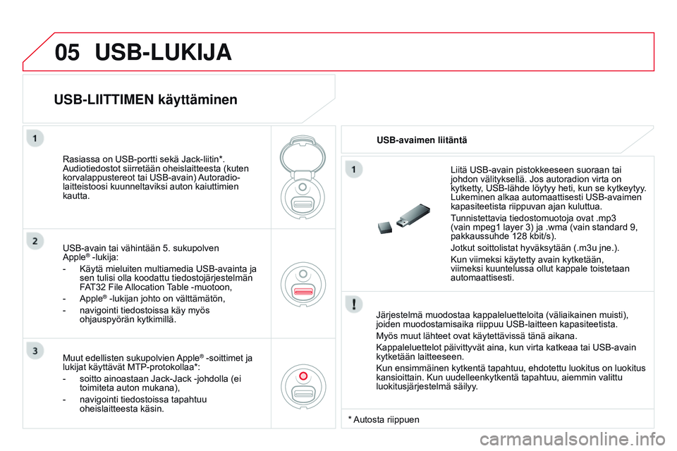 CITROEN DS3 CABRIO 2015 Omistajan Käsikirjat (in Finnish) 05
DS3_fi_Chap13c_RD45_ed01_2014
USB-LUKIJA
Järjestelmä muodostaa kappaleluetteloita (väliaikainen muisti),
joiden muodostamisaika riippuu USB-laitteen kapasiteetista.
Myös muut lähteet ovat kä CITROEN DS3 CABRIO 2015 Omistajan Käsikirjat (in Finnish) 05
DS3_fi_Chap13c_RD45_ed01_2014
USB-LUKIJA
Järjestelmä muodostaa kappaleluetteloita (väliaikainen muisti),
joiden muodostamisaika riippuu USB-laitteen kapasiteetista.
Myös muut lähteet ovat kä