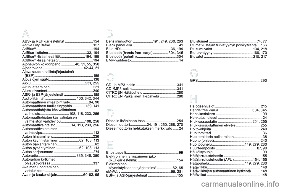 CITROEN DS3 CABRIO 2015 Omistajan Käsikirjat (in Finnish) DS3_fi_Chap14_index-recherche_ed01-2014
ABS- ja REF -järjestelmät ............................15 4
Active City Brake ........................................... 15
7
AdBlue
® ..................... CITROEN DS3 CABRIO 2015 Omistajan Käsikirjat (in Finnish) DS3_fi_Chap14_index-recherche_ed01-2014
ABS- ja REF -järjestelmät ............................15 4
Active City Brake ........................................... 15
7
AdBlue
® .....................