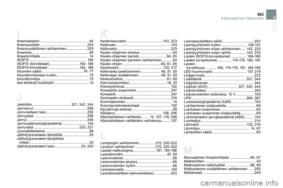 CITROEN DS3 CABRIO 2015 Omistajan Käsikirjat (in Finnish) 363
DS3_fi_Chap14_index-recherche_ed01-2014
Jakkiliitin ....................................... 321, 342, 344
Jarrulevyt .............................. ........................256
Jarrunesteen taso
CITROEN DS3 CABRIO 2015 Omistajan Käsikirjat (in Finnish) 363
DS3_fi_Chap14_index-recherche_ed01-2014
Jakkiliitin ....................................... 321, 342, 344
Jarrulevyt .............................. ........................256
Jarrunesteen taso