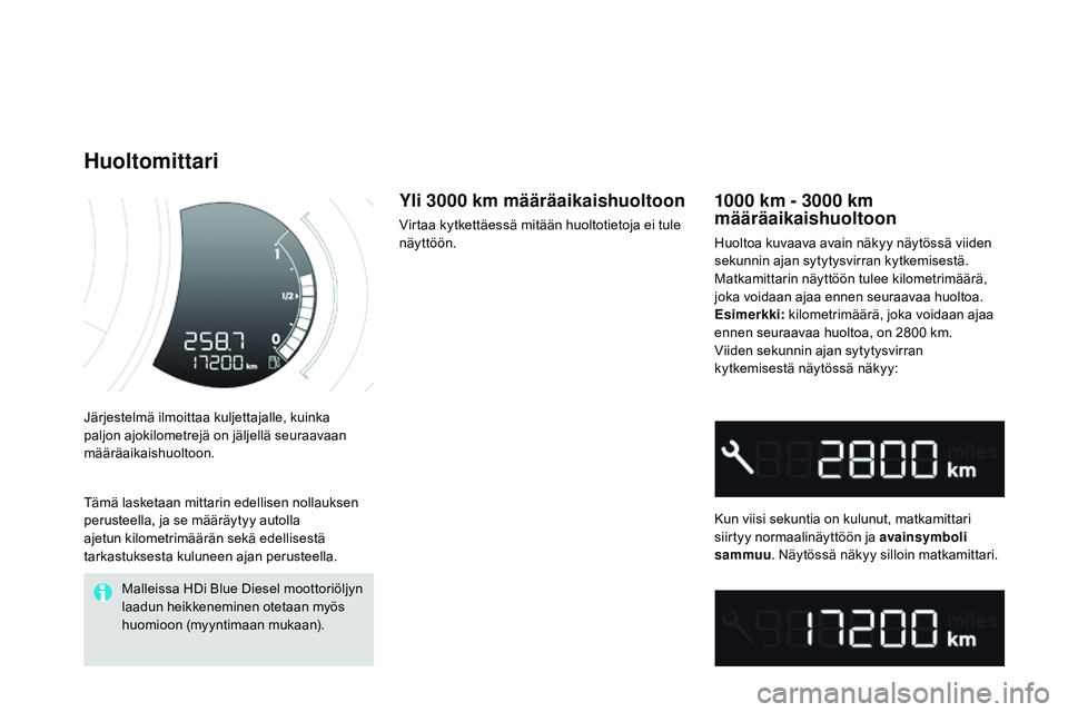 CITROEN DS3 CABRIO 2015 Omistajan Käsikirjat (in Finnish) DS3_fi_Chap01_controle-de-marche_ed01-2014
Järjestelmä ilmoittaa kuljettajalle, kuinka
paljon ajokilometrejä on jäljellä seuraavaan
määräaikaishuoltoon.
Huoltomittari
1000 km - 3000 km
mä CITROEN DS3 CABRIO 2015 Omistajan Käsikirjat (in Finnish) DS3_fi_Chap01_controle-de-marche_ed01-2014
Järjestelmä ilmoittaa kuljettajalle, kuinka
paljon ajokilometrejä on jäljellä seuraavaan
määräaikaishuoltoon.
Huoltomittari
1000 km - 3000 km
mä
