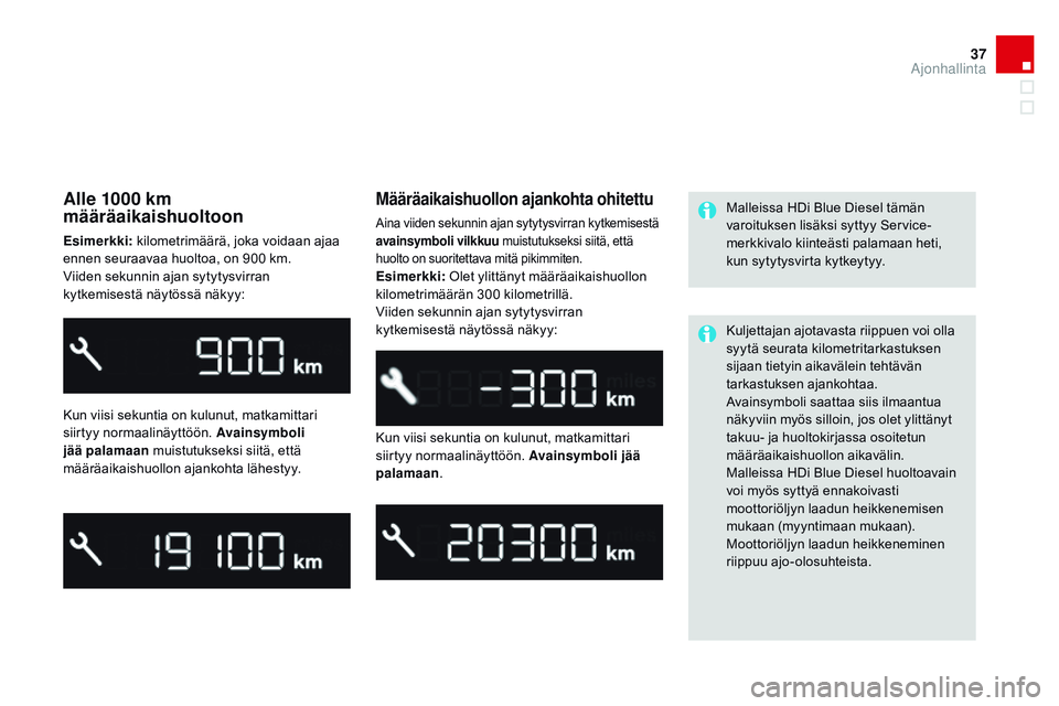 CITROEN DS3 CABRIO 2015 Omistajan Käsikirjat (in Finnish) 37
DS3_fi_Chap01_controle-de-marche_ed01-2014
Alle 1000 km
määräaikaishuoltoon
Esimerkki: kilometrimäärä, joka voidaan ajaa
ennen seuraavaa huoltoa, on 900 km.
Viiden sekunnin ajan sytytysvirr CITROEN DS3 CABRIO 2015 Omistajan Käsikirjat (in Finnish) 37
DS3_fi_Chap01_controle-de-marche_ed01-2014
Alle 1000 km
määräaikaishuoltoon
Esimerkki: kilometrimäärä, joka voidaan ajaa
ennen seuraavaa huoltoa, on 900 km.
Viiden sekunnin ajan sytytysvirr