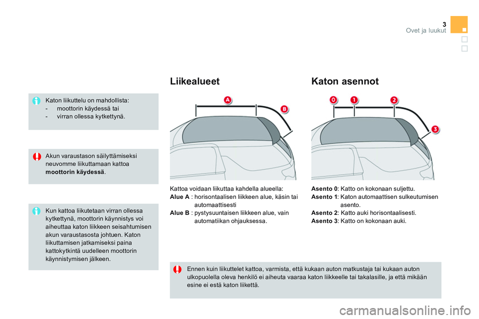 CITROEN DS3 CABRIO 2015  Omistajan Käsikirjat (in Finnish) 3Ovet ja luukut
   
Akun varaustason säilyttämiseksi 
neuvomme liikuttamaan kattoa 
  moottorin käydessä 
.      
Katon liikuttelu on mahdollista: 
   
 
-   moottorin käydessä tai 
   
-   virr