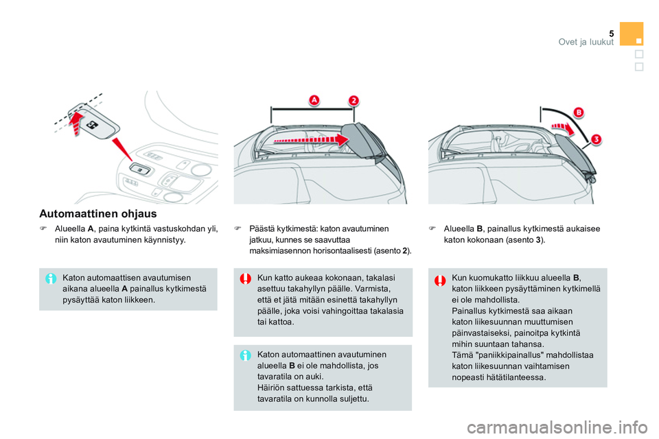CITROEN DS3 CABRIO 2015  Omistajan Käsikirjat (in Finnish) 5Ovet ja luukut
   
Automaattinen ohjaus 
 
 
Katon automaattisen avautumisen 
aikana alueella  A 
 painallus kytkimestä 
pysäyttää katon liikkeen.     
Kun katto aukeaa kokonaan, takalasi 
asettu