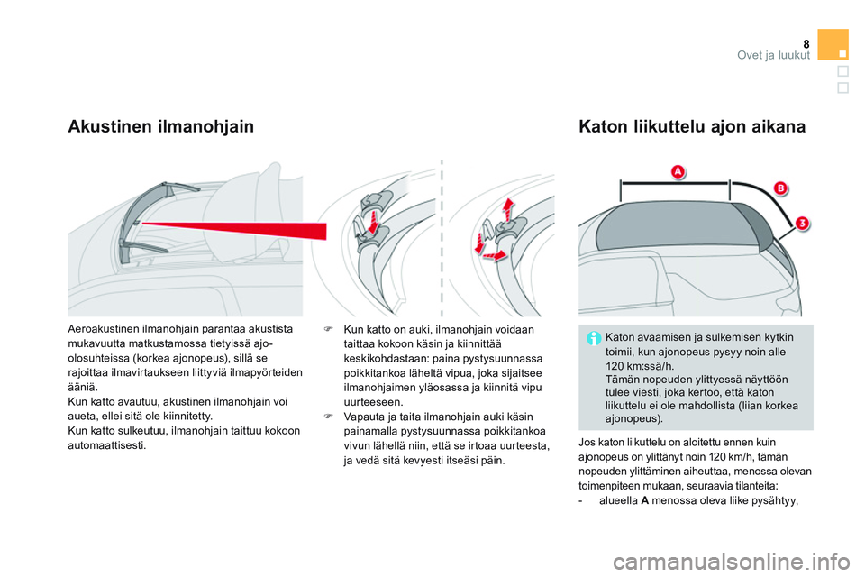 CITROEN DS3 CABRIO 2015  Omistajan Käsikirjat (in Finnish) 8Ovet ja luukut
   
Akustinen ilmanohjain    
Katon liikuttelu ajon aikana 
 
Jos katon liikuttelu on aloitettu ennen kuin 
ajonopeus on ylittänyt noin 120 km/h, tämän 
nopeuden ylittäminen aiheut