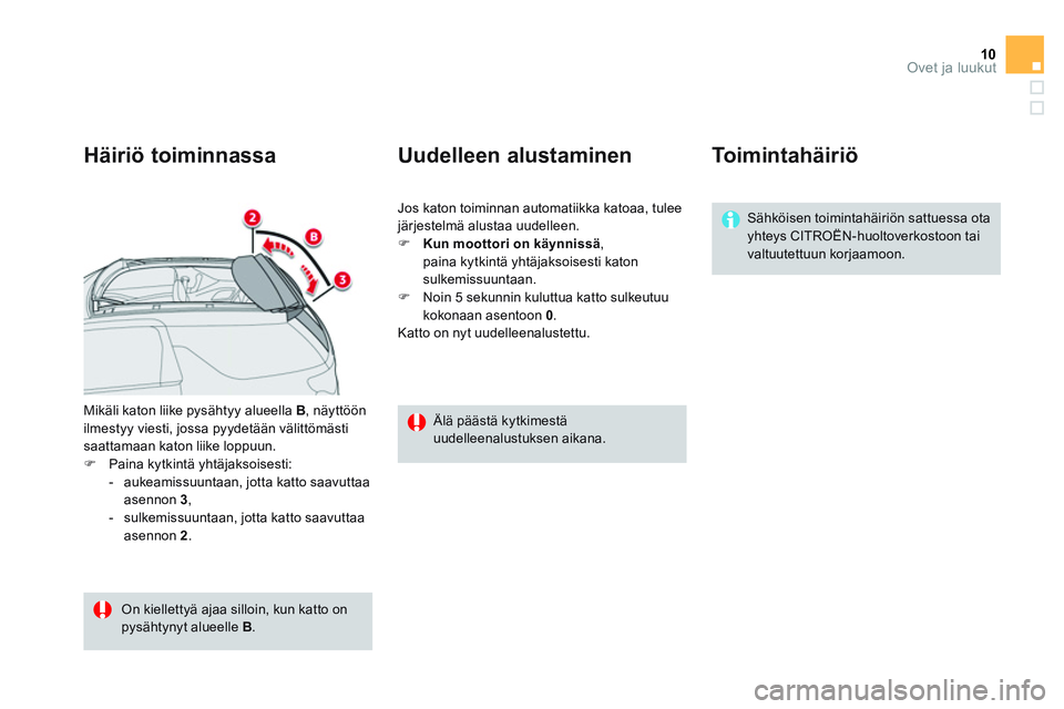 CITROEN DS3 CABRIO 2015  Omistajan Käsikirjat (in Finnish) 10Ovet ja luukut
  Mikäli katon liike pysähtyy alueella  B 
, näyttöön 
ilmestyy viesti, jossa pyydetään välittömästi 
saattamaan katon liike loppuun. 
   
 
�) 
  Paina kytkintä yhtäjakso