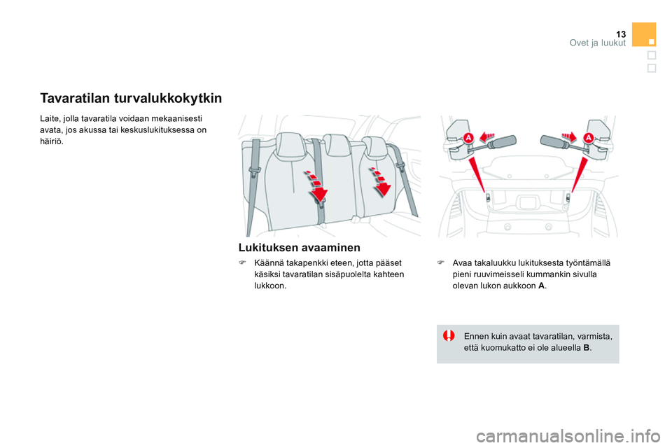 CITROEN DS3 CABRIO 2015  Omistajan Käsikirjat (in Finnish) 13Ovet ja luukut
  Laite, jolla tavaratila voidaan mekaanisesti 
avata, jos akussa tai keskuslukituksessa on 
häiriö. 
   
Lukituksen avaaminen 
 
 
 
 
 
 
 
Tavaratilan turvalukkokytkin 
 
 
�) 
 