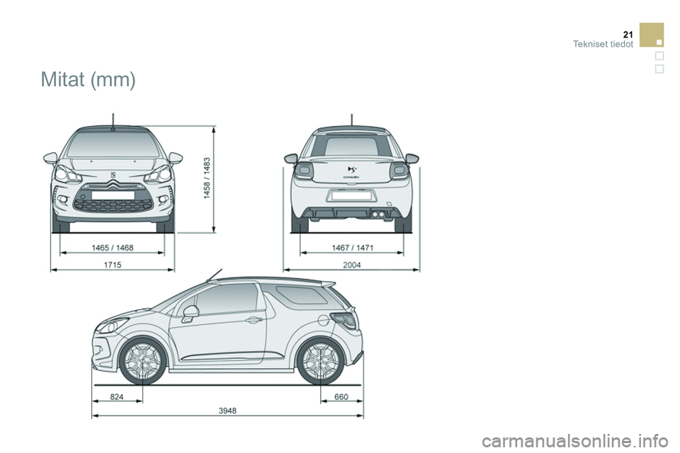 CITROEN DS3 CABRIO 2015  Omistajan Käsikirjat (in Finnish) 21Te k n i s e t  t i e d o t
   
 
 
 
 
Mitat (mm)  
