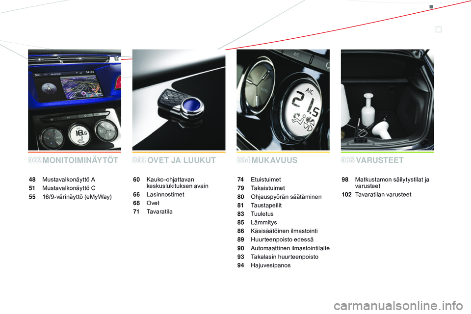 CITROEN DS3 CABRIO 2015  Omistajan Käsikirjat (in Finnish) DS3_fi_Chap00a_sommaire_ed01-2014
MONITOIMINÄYTÖTMUKAVUUS
OVET JA LUUKUT
48 Mustavalkonäyttö A
51
 M

ustavalkonäyttö C
55
 1

6/9-värinäyttö (eMyWay) 60 K
auko-ohjattavan 
keskuslukituksen a