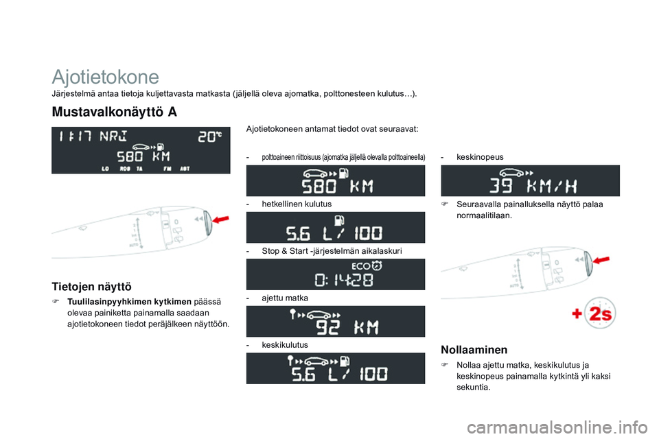 CITROEN DS3 CABRIO 2015 Omistajan Käsikirjat (in Finnish) DS3_fi_Chap01_controle-de-marche_ed01-2014
Ajotietokone
Mustavalkonäyttö A
Tietojen näyttö
F Tuulilasinpyyhkimen kytkimen päässä
olevaa painiketta painamalla saadaan
ajotietokoneen tiedot per CITROEN DS3 CABRIO 2015 Omistajan Käsikirjat (in Finnish) DS3_fi_Chap01_controle-de-marche_ed01-2014
Ajotietokone
Mustavalkonäyttö A
Tietojen näyttö
F Tuulilasinpyyhkimen kytkimen päässä
olevaa painiketta painamalla saadaan
ajotietokoneen tiedot per