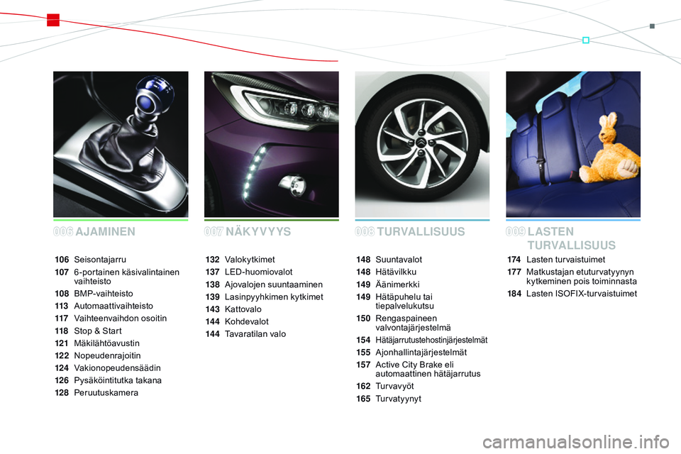 CITROEN DS3 CABRIO 2015  Omistajan Käsikirjat (in Finnish) DS3_fi_Chap00a_sommaire_ed01-2014
TURVALLISUUS
AJAMINEN LASTEN 
TURVALLISUUS
174 Lasten turvaistuimet
17 7
 M

atkustajan etuturvatyynyn 
kytkeminen pois toiminnasta
184
 L

asten ISOFIX-turvaistuimet