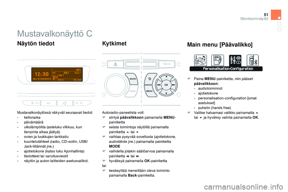 CITROEN DS3 CABRIO 2015 Omistajan Käsikirjat (in Finnish) 51
DS3_fi_Chap02_ecrans-multifonction_ed01-2014
Mustavalkonäyttö C
Mustavalkonäytössä näkyvät seuraavat tiedot:
- kellonaika
-
pä
ivämäärä
-
u
lkolämpötila (asteluku vilkkuu, kun
t CITROEN DS3 CABRIO 2015 Omistajan Käsikirjat (in Finnish) 51
DS3_fi_Chap02_ecrans-multifonction_ed01-2014
Mustavalkonäyttö C
Mustavalkonäytössä näkyvät seuraavat tiedot:
- kellonaika
-
pä
ivämäärä
-
u
lkolämpötila (asteluku vilkkuu, kun
t