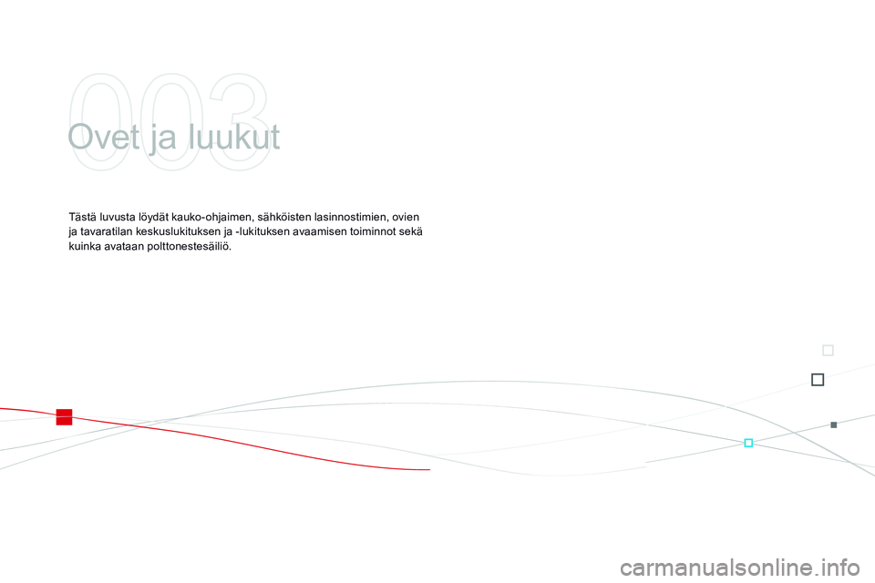 CITROEN DS3 CABRIO 2015 Omistajan Käsikirjat (in Finnish) DS3_fi_Chap03_ouvertures_ed01-2014
Ovet ja luukut
Tästä luvusta löydät kauko-ohjaimen, sähköisten lasinnostimien, ovien
ja tavaratilan keskuslukituksen ja -lukituksen avaamisen toiminnot sekä CITROEN DS3 CABRIO 2015 Omistajan Käsikirjat (in Finnish) DS3_fi_Chap03_ouvertures_ed01-2014
Ovet ja luukut
Tästä luvusta löydät kauko-ohjaimen, sähköisten lasinnostimien, ovien
ja tavaratilan keskuslukituksen ja -lukituksen avaamisen toiminnot sekä
