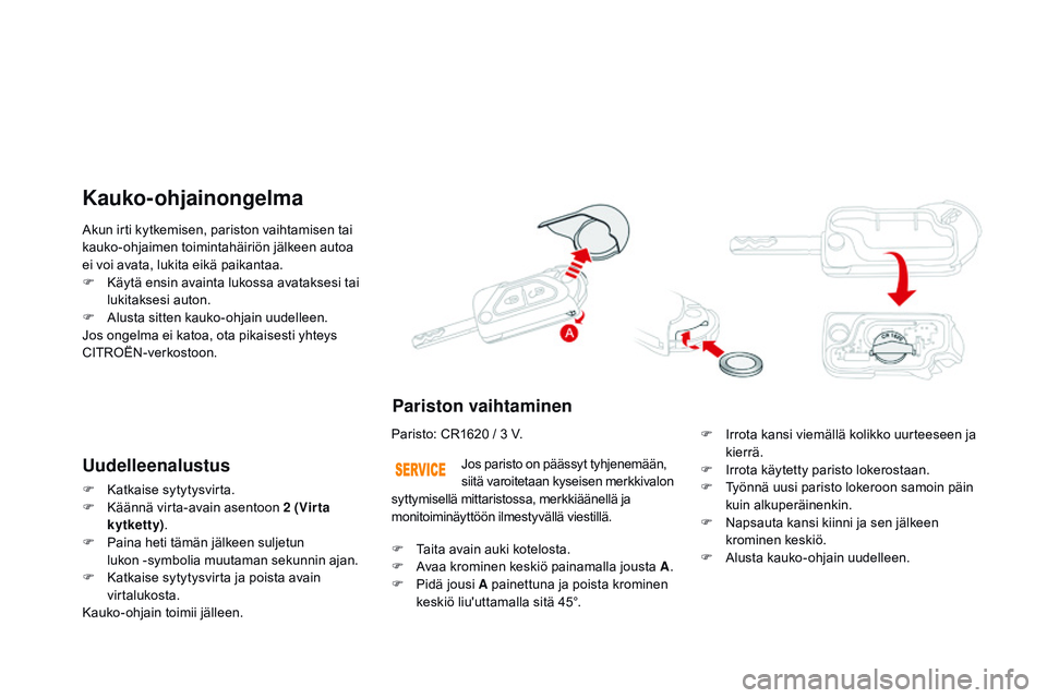 CITROEN DS3 CABRIO 2015 Omistajan Käsikirjat (in Finnish) DS3_fi_Chap03_ouvertures_ed01-2014
Akun irti kytkemisen, pariston vaihtamisen tai
kauko-ohjaimen toimintahäiriön jälkeen autoa
ei voi avata, lukita eikä paikantaa.
F
K
äytä ensin avainta luk CITROEN DS3 CABRIO 2015 Omistajan Käsikirjat (in Finnish) DS3_fi_Chap03_ouvertures_ed01-2014
Akun irti kytkemisen, pariston vaihtamisen tai
kauko-ohjaimen toimintahäiriön jälkeen autoa
ei voi avata, lukita eikä paikantaa.
F
K
äytä ensin avainta luk