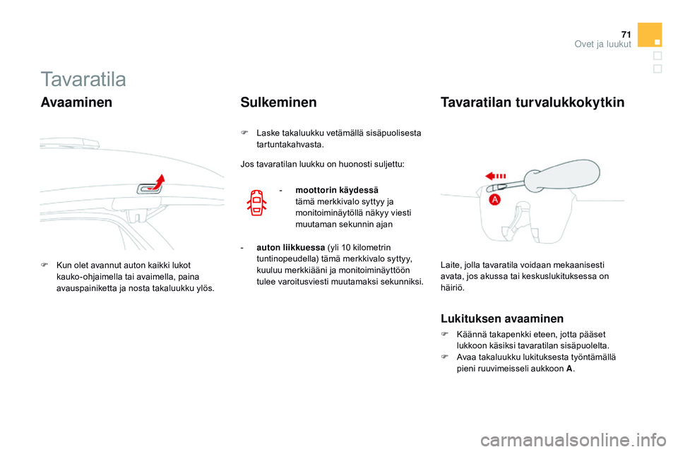 CITROEN DS3 CABRIO 2015 Omistajan Käsikirjat (in Finnish) 71
DS3_fi_Chap03_ouvertures_ed01-2014
Tavaratila
Avaaminen
F Kun olet avannut auton kaikki lukot kauko-ohjaimella tai avaimella, paina
avauspainiketta ja nosta takaluukku ylös.
Sulkeminen
F Laske ta CITROEN DS3 CABRIO 2015 Omistajan Käsikirjat (in Finnish) 71
DS3_fi_Chap03_ouvertures_ed01-2014
Tavaratila
Avaaminen
F Kun olet avannut auton kaikki lukot kauko-ohjaimella tai avaimella, paina
avauspainiketta ja nosta takaluukku ylös.
Sulkeminen
F Laske ta