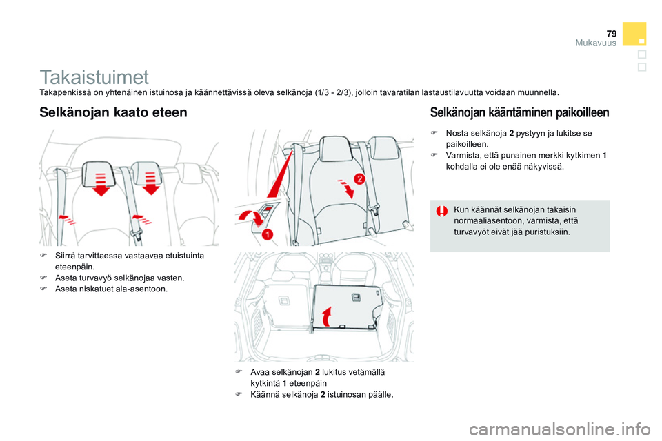 CITROEN DS3 CABRIO 2015 Omistajan Käsikirjat (in Finnish) 79
DS3_fi_Chap04_confort_ed01-2014
TakaistuimetTakapenkissä on yhtenäinen istuinosa ja käännettävissä oleva selkänoja (1/3 - 2/3), jolloin tavaratilan lastaustilavuutta voidaan muunnella.
F
S
CITROEN DS3 CABRIO 2015 Omistajan Käsikirjat (in Finnish) 79
DS3_fi_Chap04_confort_ed01-2014
TakaistuimetTakapenkissä on yhtenäinen istuinosa ja käännettävissä oleva selkänoja (1/3 - 2/3), jolloin tavaratilan lastaustilavuutta voidaan muunnella.
F
S