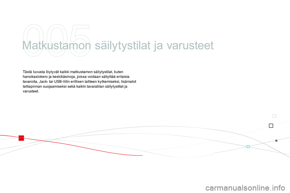 CITROEN DS3 CABRIO 2015 Omistajan Käsikirjat (in Finnish) DS3_fi_Chap05_amenagement_ed01-2014
Matkustamon säilytystilat ja varusteet
Tästä luvusta löytyvät kaikki matkustamon säilytystilat, kuten
hansikaslokero ja keskikäsinoja, joissa voidaan säily CITROEN DS3 CABRIO 2015 Omistajan Käsikirjat (in Finnish) DS3_fi_Chap05_amenagement_ed01-2014
Matkustamon säilytystilat ja varusteet
Tästä luvusta löytyvät kaikki matkustamon säilytystilat, kuten
hansikaslokero ja keskikäsinoja, joissa voidaan säily