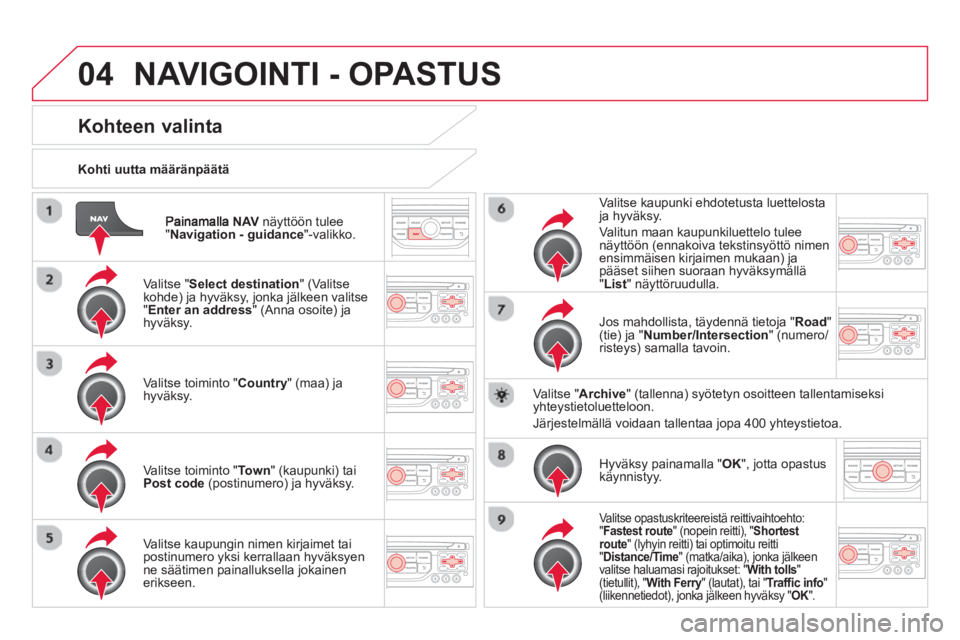 CITROEN DS3 CABRIO 2014  Omistajan Käsikirjat (in Finnish) 04
NAV   näyttöön tulee "Navigation - guidance 
"-valikko.      
Kohti uutta m
ääränpäätä 
 
NAVIGOINTI - OPASTUS
Kohteen valinta 
 
 
Valitse " Select destination" (Valitse
kohde) ja hyväks