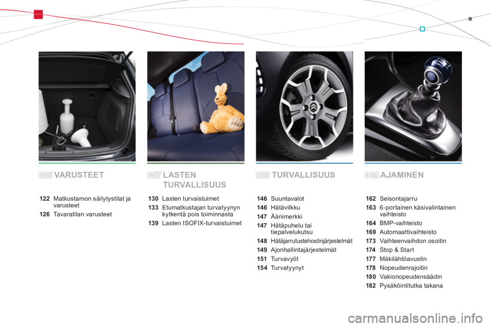 CITROEN DS3 CABRIO 2014  Omistajan Käsikirjat (in Finnish) TURVALLISUUS AJAMINEN VA RUSTE E T L ASTE N 
TURVALLISUUS
162Seisontajarru
1636 -por tainen käsivalintainen
vaihteisto
164 BMP-vaihteisto
169Automaattivaihteisto
173 Vaihteenvaihdon osoitin
174Stop &