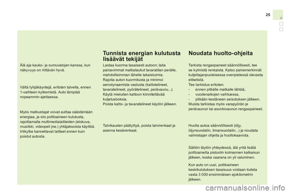 CITROEN DS3 CABRIO 2013  Omistajan Käsikirjat (in Finnish) 25
Tunnista energian kulutusta 
lisäävät tekijät
Lastaa kuorma tasaisesti autoon; laita painavimmat matkalaukut tavaratilan perälle, mahdollisimman lähelle takaistuimia.Rajoita auton kuormitusta