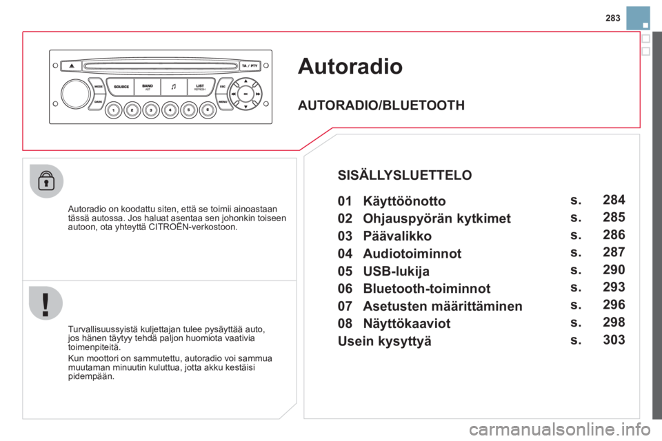 CITROEN DS3 CABRIO 2013 Omistajan Käsikirjat (in Finnish) 283
Autoradio
Autoradio on koodattu siten, että se toimii ainoastaantässä autossa. Jos haluat asentaa sen johonkin toiseen autoon, ota yhteyttä CITROËN-verkostoon.j
Turvallisuussyistä kul CITROEN DS3 CABRIO 2013 Omistajan Käsikirjat (in Finnish) 283
Autoradio
Autoradio on koodattu siten, että se toimii ainoastaantässä autossa. Jos haluat asentaa sen johonkin toiseen autoon, ota yhteyttä CITROËN-verkostoon.j
Turvallisuussyistä kul