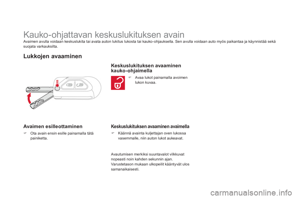 CITROEN DS3 CABRIO 2013  Omistajan Käsikirjat (in Finnish)    
 
 
 
 
 
 
 
 
 
 
 
 
 
 
 
 
Kauko-ohjattavan keskuslukituksen avain  Avaimen avulla voidaan keskuslukita tai avata auton lukitus lukosta tai kauko-ohjauksella. Sen avulla voidaan auto myös pa