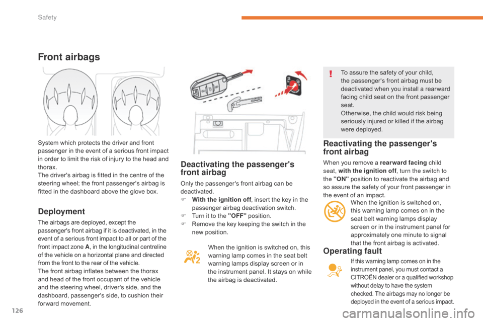 Citroen C3 RHD 2017 2.G User Guide 126
Deactivating the passengers 
front airbag
Only the passengers front airbag can be 
deactivated.
F 
W
 ith the ignition off , insert the key in the 
passenger airbag deactivation switch.
F
 
T
 u