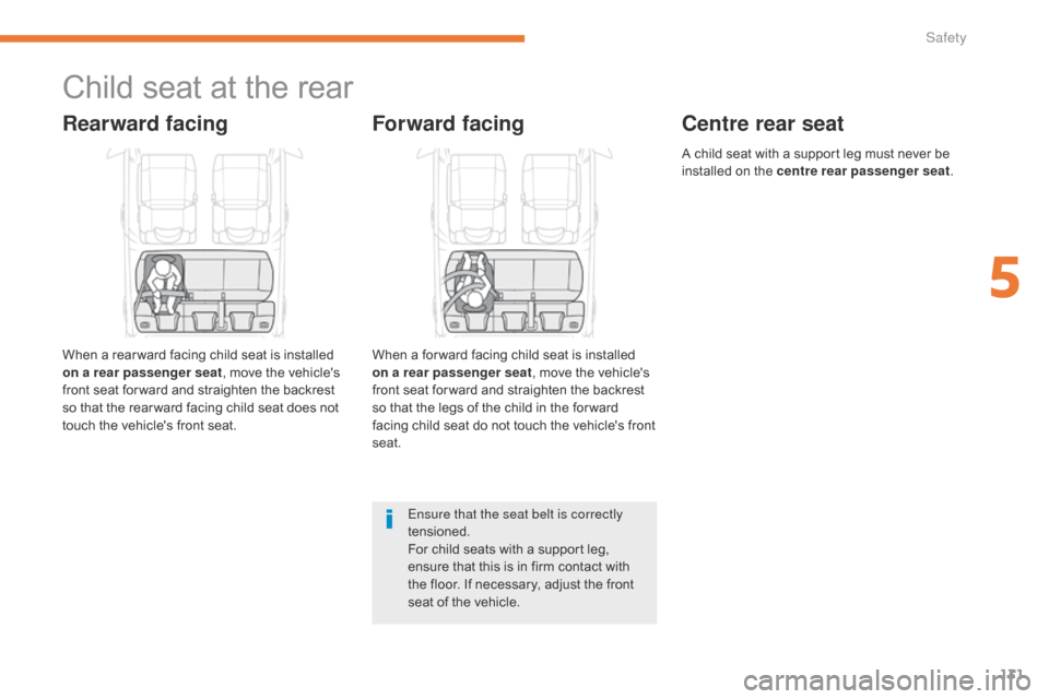 Citroen C3 RHD 2017 2.G Owners Manual 131
Child seat at the rear
Rearward facing
When a rear ward facing child seat is installed
on a rear passenger seat, move the vehicles
front seat for ward and straighten the backrest
so that the r Citroen C3 RHD 2017 2.G Owners Manual 131
Child seat at the rear
Rearward facing
When a rear ward facing child seat is installed
on a rear passenger seat, move the vehicles
front seat for ward and straighten the backrest
so that the r