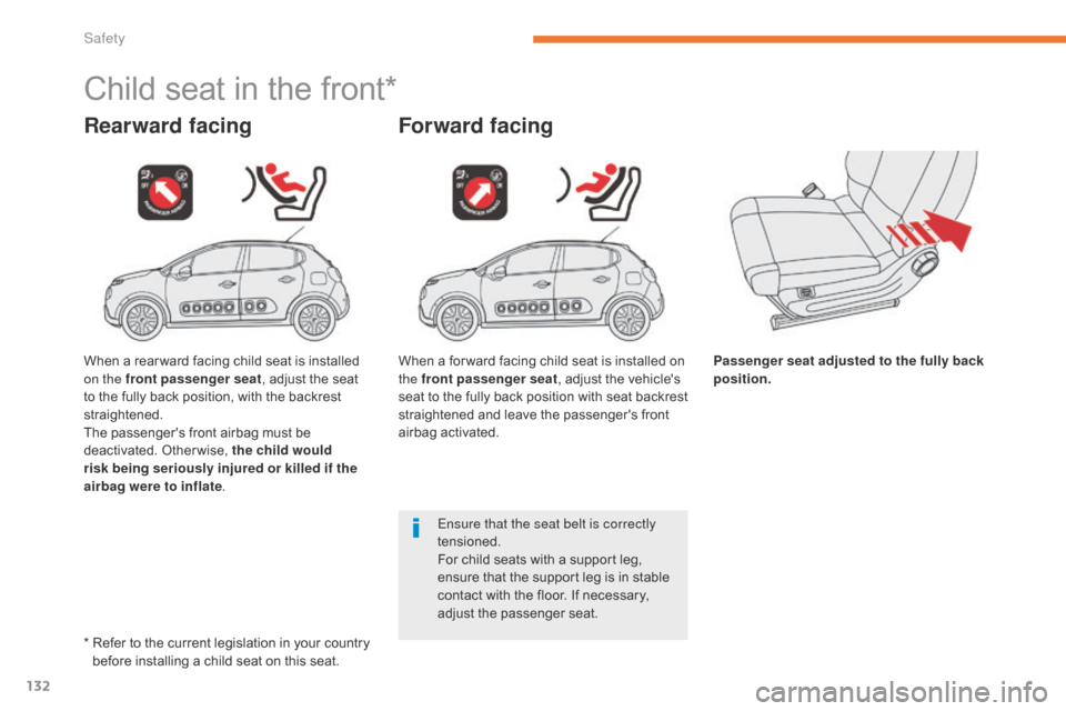 Citroen C3 RHD 2017 2.G Owners Manual 132
Child seat in the front*
Rearward facingForward facing
Passenger seat adjusted to the fully back 
position.
Ensure that the seat belt is correctly 
tensioned.
For child seats with a support leg, 
