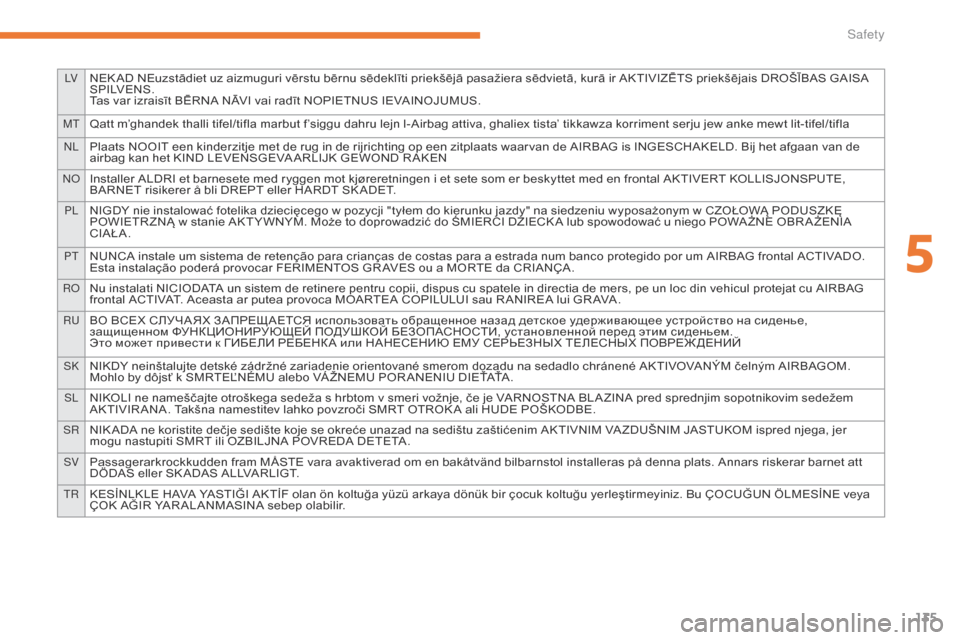 Citroen C3 RHD 2017 2.G User Guide 135
LVNEK AD NEuzstādiet uz aizmuguri vērstu bērnu sēdeklīti priekšējā pasažiera sēdvietā, kurā ir AKTIVIZĒTS priekšējais DROŠĪBAS GAISA 
S P I LV E N S .
Tas var izraisīt BĒRNA NĀ