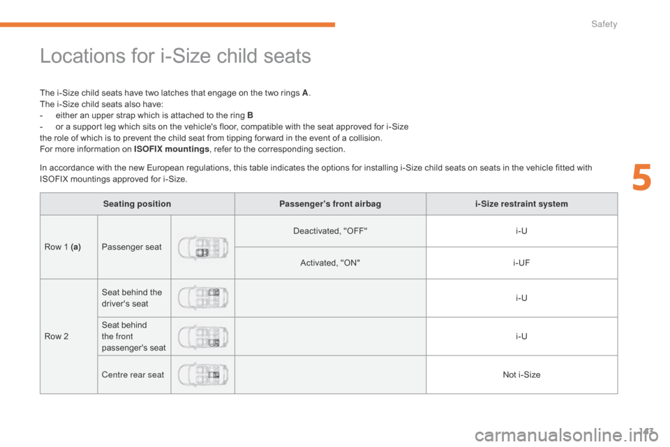 Citroen C3 RHD 2017 2.G Owners Manual 143
Locations for i-Size child seats
The i-Size child seats have two latches that engage on the two rings A.
The i-Size child seats also have:
-
 
e
 ither an upper strap which is attached to the ring