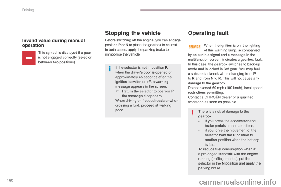 Citroen C3 RHD 2017 2.G Owners Manual 160
Invalid value during manual 
operation
This symbol is displayed if a gear 
is not engaged correctly (selector 
between two positions).Before switching off the engine, you can engage 
position 
P o
