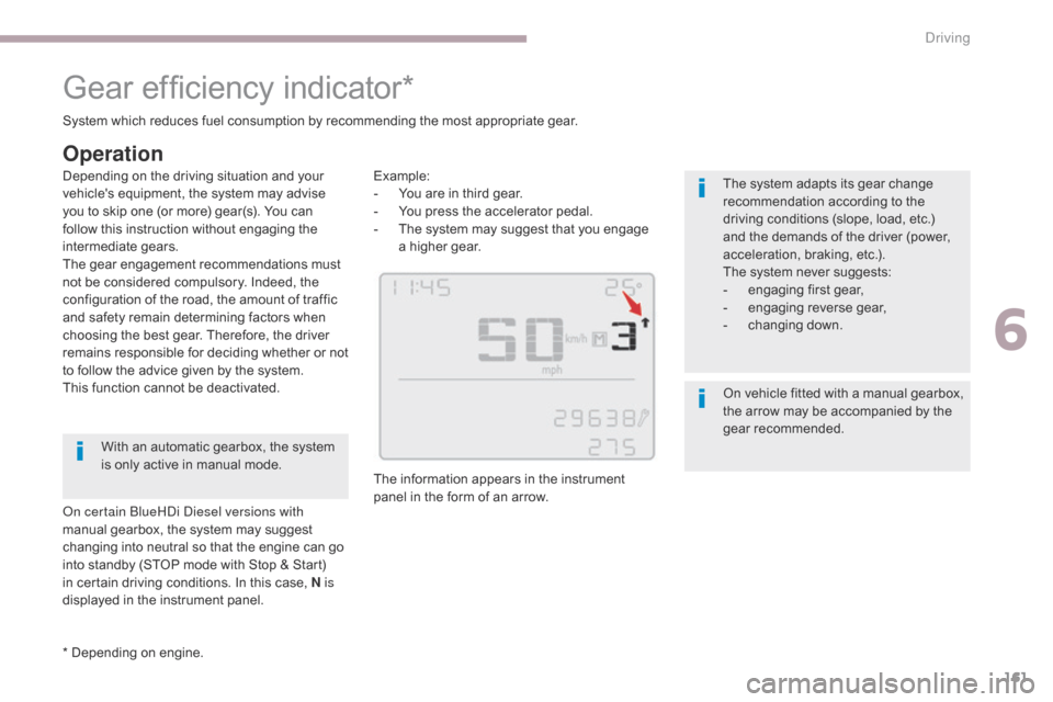 Citroen C3 RHD 2017 2.G Owners Manual 161
Gear efficiency indicator*
* Depending on engine. System which reduces fuel consumption by recommending the most appropriate gear.
Operation
Example:
- Y ou are in third gear.
-
 
Y
 ou press the 