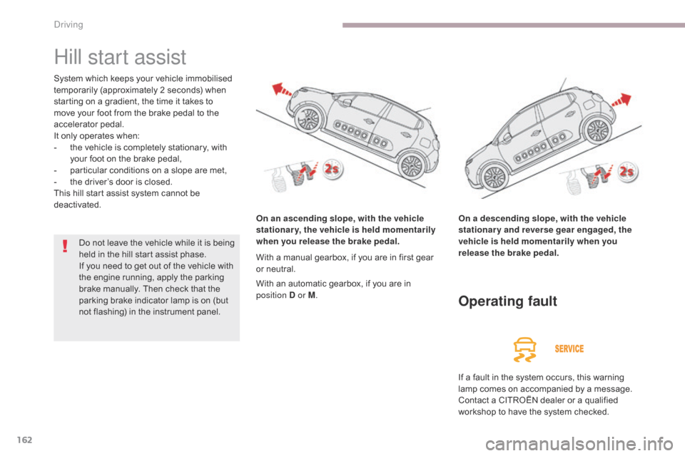 Citroen C3 RHD 2017 2.G Owners Manual 162
Hill start assist
System which keeps your vehicle immobilised 
temporarily (approximately 2 seconds) when 
starting on a gradient, the time it takes to 
move your foot from the brake pedal to the 