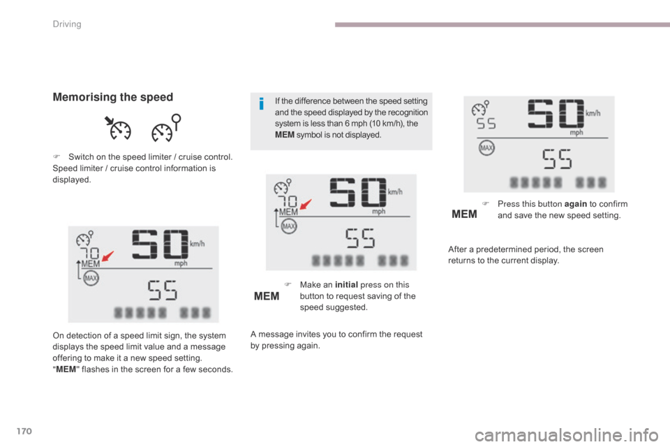 Citroen C3 RHD 2017 2.G Owners Manual 170
If the difference between the speed setting 
and the speed displayed by the recognition 
system is less than 6 mph (10 km/h), the 
MEM symbol is not displayed.Memorising the speed
F Switch on the 