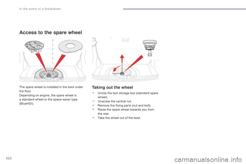 Citroen C3 RHD 2017 2.G Owners Manual 222
Taking out the wheel
F Unclip the tool storage box (standard spare wheel).
F
U
nscrew the central nut.
F
R
emove the fixing parts (nut and bolt).
F
R
aise the spare wheel towards you from Citroen C3 RHD 2017 2.G Owners Manual 222
Taking out the wheel
F Unclip the tool storage box (standard spare wheel).
F
U
nscrew the central nut.
F
R
emove the fixing parts (nut and bolt).
F
R
aise the spare wheel towards you from