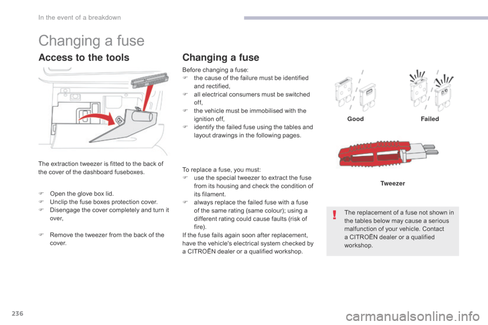 Citroen C3 RHD 2017 2.G Owners Manual 236
To replace a fuse, you must:
F u se the special tweezer to extract the fuse 
from its housing and check the condition of 
its filament.
F
 
a
 lways replace the failed fuse with a fuse 
of the sam