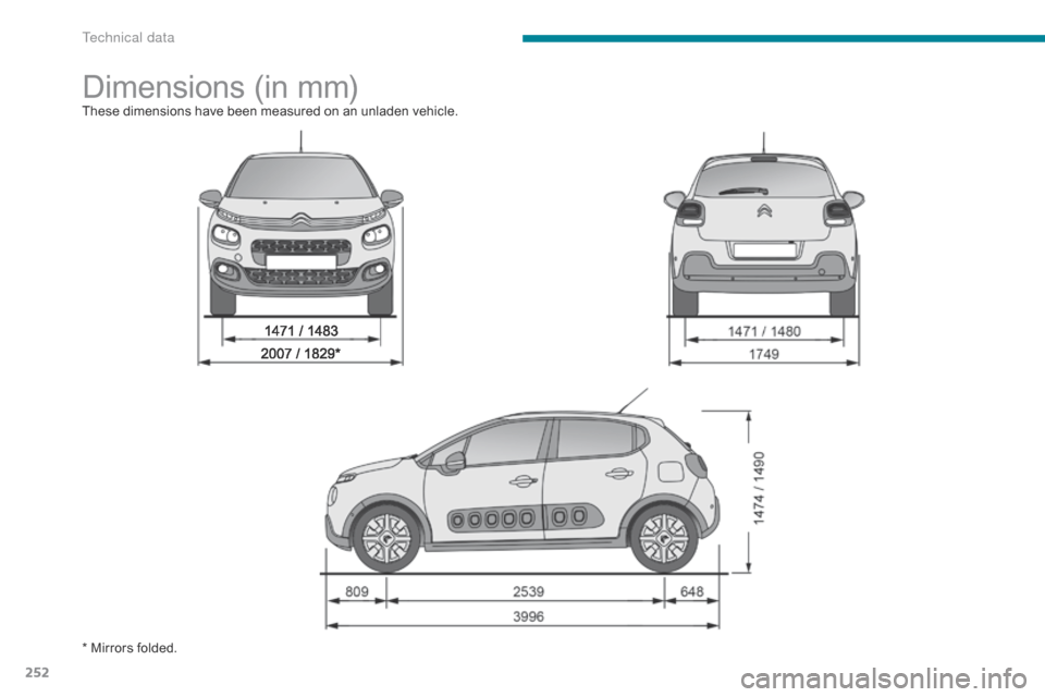 Citroen C3 RHD 2017 2.G Owners Manual 252
Dimensions (in mm)These dimensions have been measured on an unladen vehicle.
* Mirrors folded. 
T  