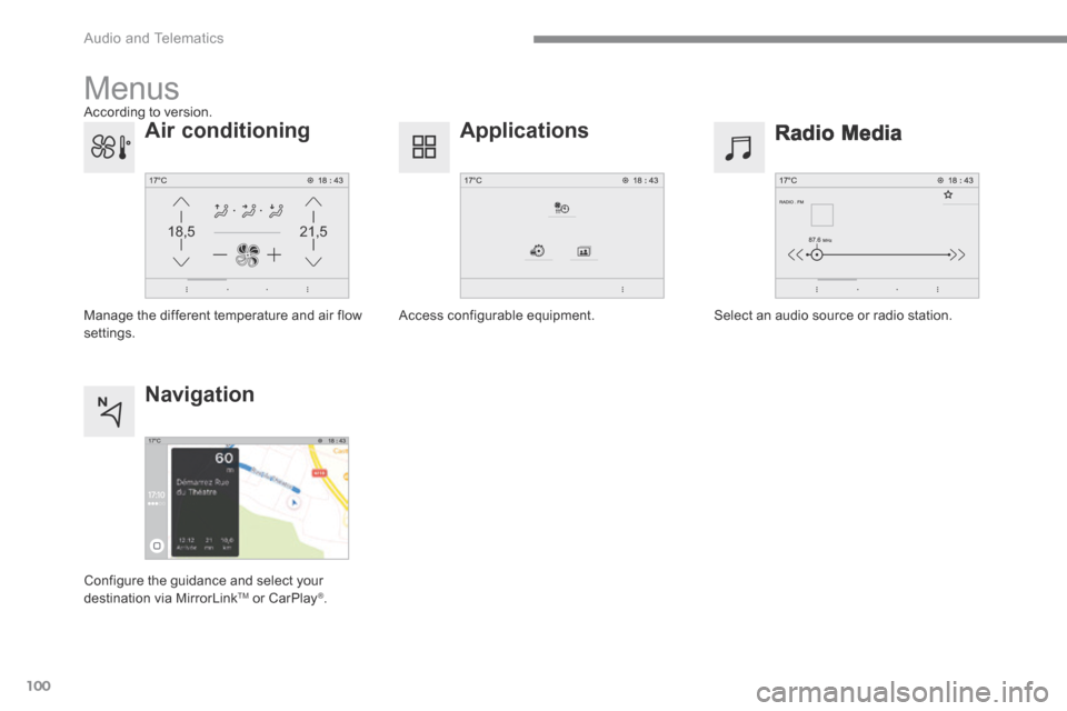 Citroen C3 RHD 2017 2.G Owners Manual 100
21,518,5
Audio and Telematics
Transversal-Citroen_en_Chap02_RCC-2-2-0_ed01-2016
Menus
Radio Media Applications
Select an audio source or radio station. Access configurable equipmen Citroen C3 RHD 2017 2.G Owners Manual 100
21,518,5
Audio and Telematics
Transversal-Citroen_en_Chap02_RCC-2-2-0_ed01-2016
Menus
Radio Media Applications
Select an audio source or radio station. Access configurable equipmen