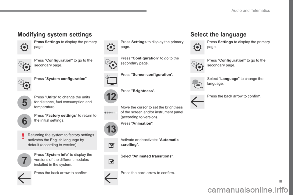 Citroen C3 RHD 2017 2.G Owners Manual 141
.
5
6
7
12
13
 Audio and Telematics 
Transversal-Citroen_en_Chap02_RCC-2-2-0_ed01-2016
  Press   Settings  to display the primary page.    Press   Settings  to display the primary page.    Press  