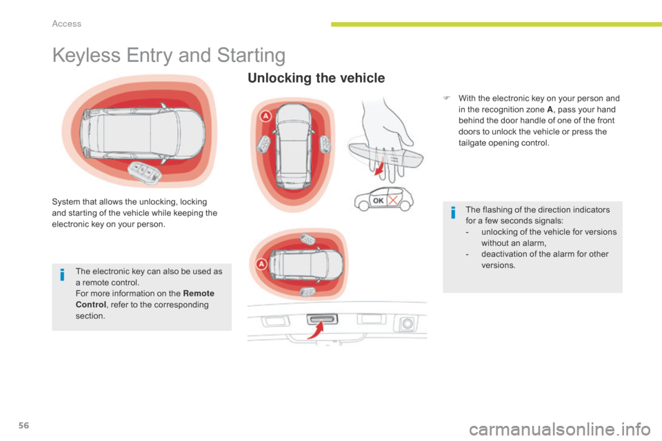 Citroen C3 RHD 2017 2.G Workshop Manual 56
Keyless Entry and Starting
System that allows the unlocking, locking 
and starting of the vehicle while keeping the 
electronic key on your person.The electronic key can also be used as 
a remote c