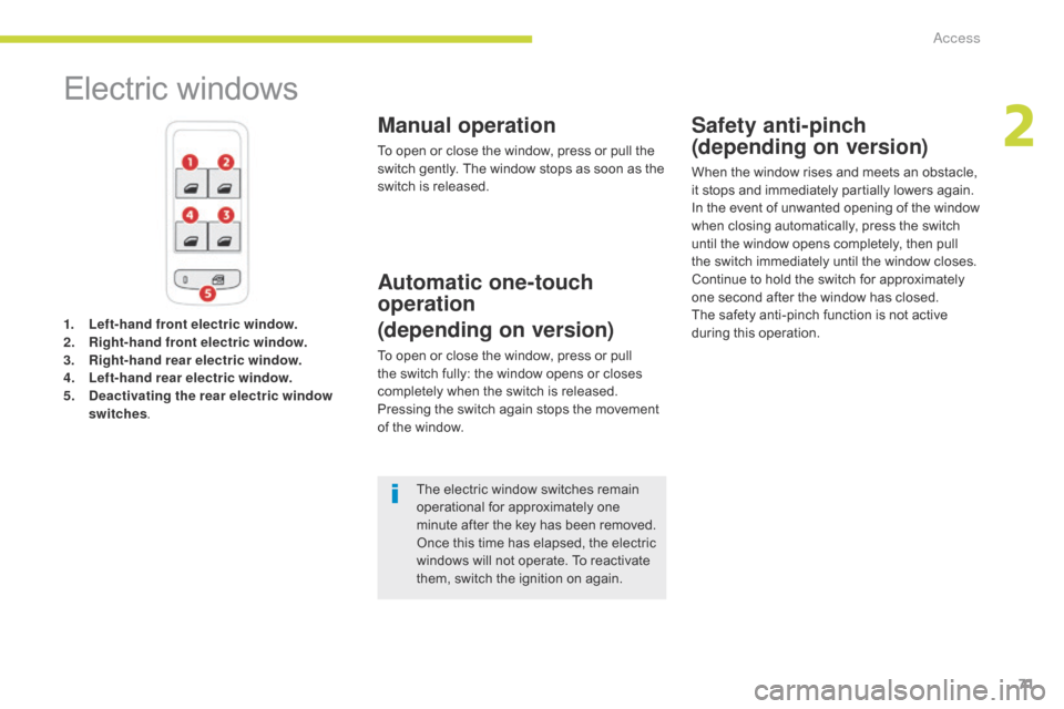 Citroen C3 RHD 2017 2.G Manual PDF 71
Electric windows
1. Left-hand front electric window.
2. R ight-hand front electric window.
3.
 R

ight-hand rear electric window.
4.
 L

eft-hand rear electric window.
5.
 D

eactivating the rear e