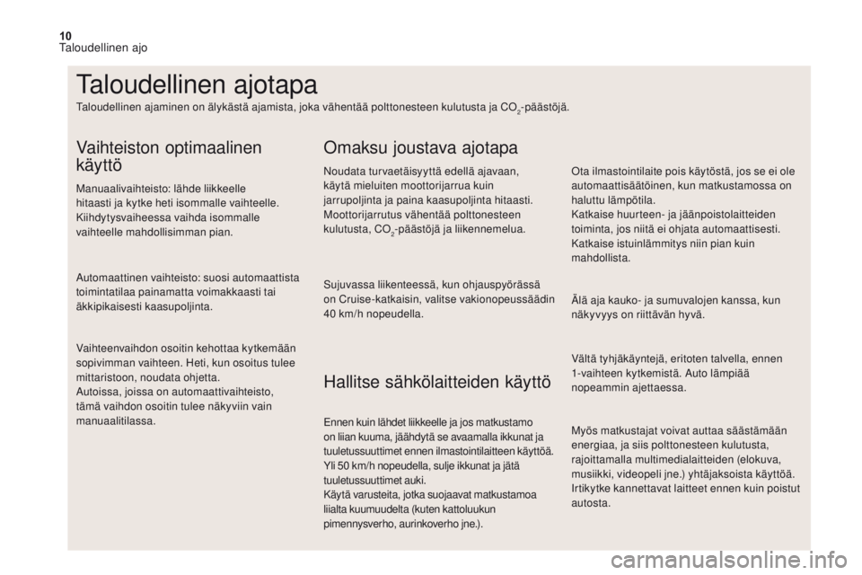 CITROEN DS4 2017 Omistajan Käsikirjat (in Finnish) 10
Myös matkustajat voivat auttaa säästämään
energiaa, ja siis polttonesteen kulutusta,
rajoittamalla multimedialaitteiden (elokuva,
musiikki, videopeli jne.) yhtäjaksoista käyttöä.
Irtik CITROEN DS4 2017 Omistajan Käsikirjat (in Finnish) 10
Myös matkustajat voivat auttaa säästämään
energiaa, ja siis polttonesteen kulutusta,
rajoittamalla multimedialaitteiden (elokuva,
musiikki, videopeli jne.) yhtäjaksoista käyttöä.
Irtik