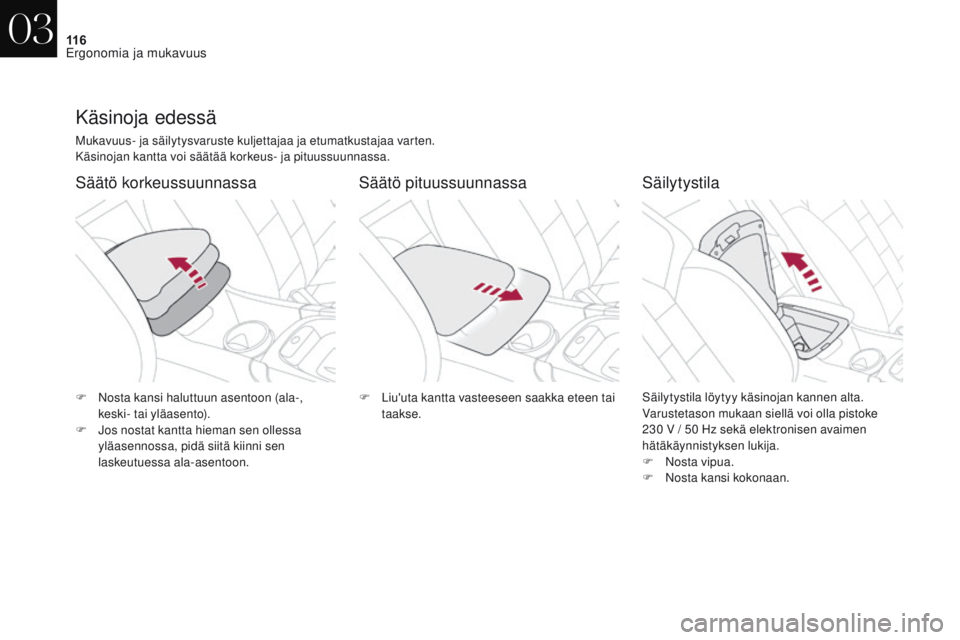 CITROEN DS4 2017 Omistajan Käsikirjat (in Finnish) 11 6
DS4_fi_Chap03_ergonomie-et-confort_ed01-2016
Käsinoja edessä
Mukavuus- ja säilytysvaruste kuljettajaa ja etumatkustajaa varten.
Käsinojan kantta voi säätää korkeus- ja pituussuunnassa.
Sà CITROEN DS4 2017 Omistajan Käsikirjat (in Finnish) 11 6
DS4_fi_Chap03_ergonomie-et-confort_ed01-2016
Käsinoja edessä
Mukavuus- ja säilytysvaruste kuljettajaa ja etumatkustajaa varten.
Käsinojan kantta voi säätää korkeus- ja pituussuunnassa.
SÃ