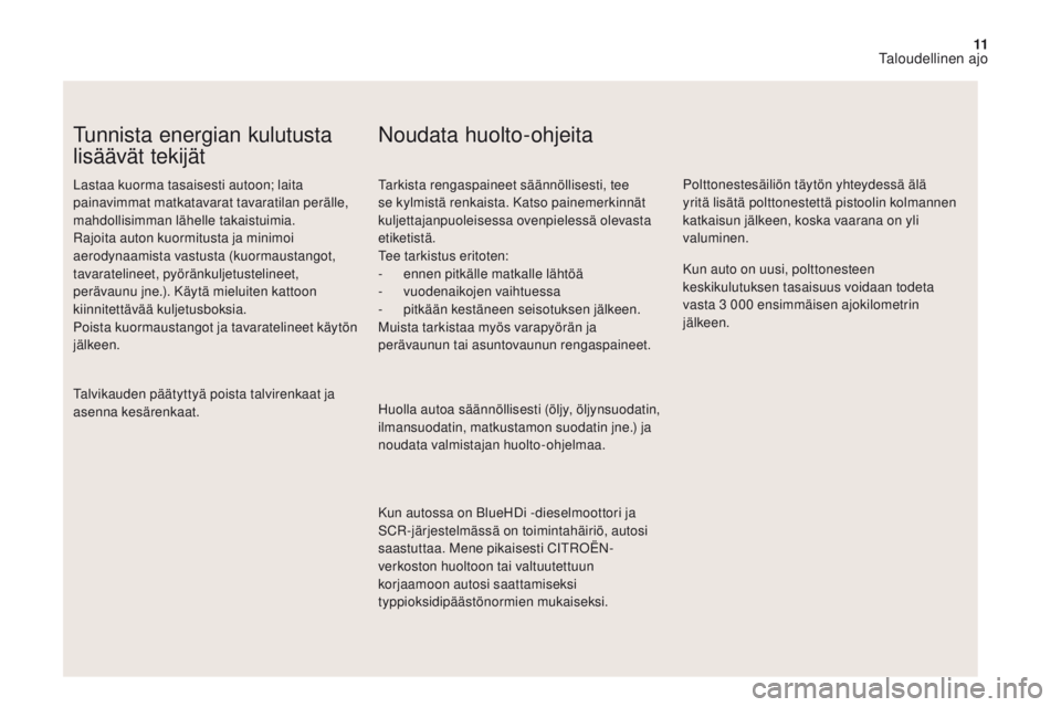 CITROEN DS4 2017 Omistajan Käsikirjat (in Finnish) 11
DS4_fi_Chap00c_eco-conduite_ed01-2016
Tunnista energian kulutusta
lisäävät tekijät
Lastaa kuorma tasaisesti autoon; laita
painavimmat matkatavarat tavaratilan perälle,
mahdollisimman lähel CITROEN DS4 2017 Omistajan Käsikirjat (in Finnish) 11
DS4_fi_Chap00c_eco-conduite_ed01-2016
Tunnista energian kulutusta
lisäävät tekijät
Lastaa kuorma tasaisesti autoon; laita
painavimmat matkatavarat tavaratilan perälle,
mahdollisimman lähel