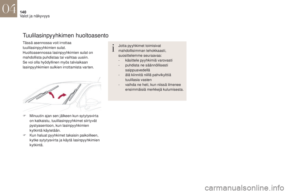 CITROEN DS4 2017  Omistajan Käsikirjat (in Finnish) 140
DS4_fi_Chap04_eclairage-et-visibilite_ed01-2016
Jotta pyyhkimet toimisivat 
mahdollisimman tehokkaasti, 
suosittelemme seuraavaa:
- 
k
 äsittele pyyhkimiä varovasti
-
 
p
 uhdista ne säännöll