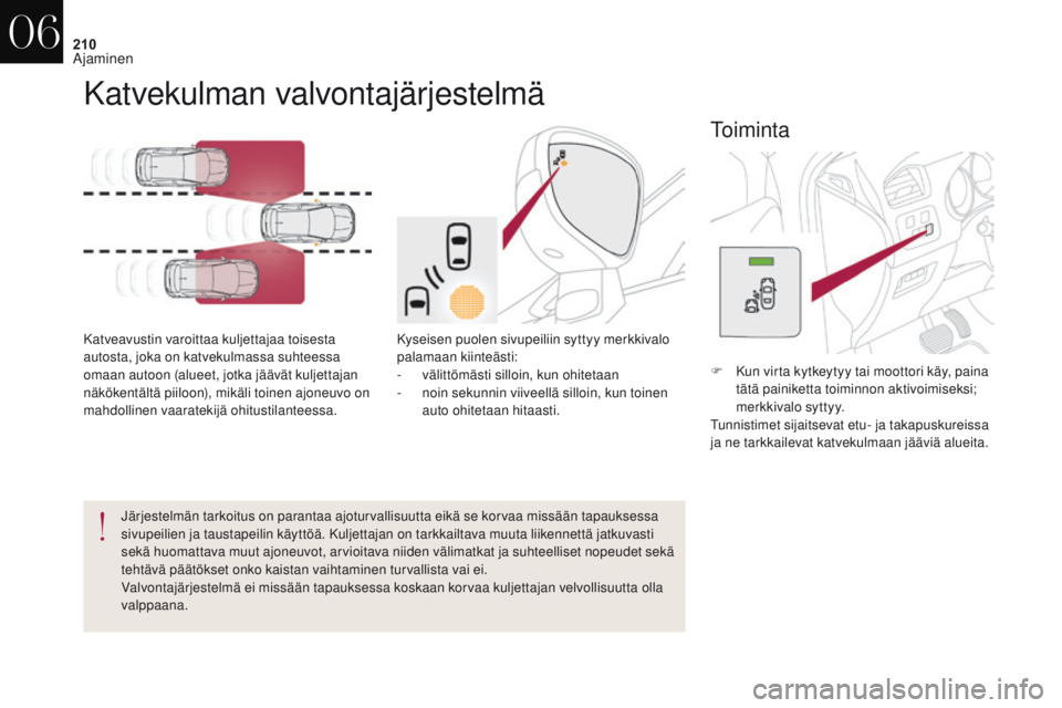 CITROEN DS4 2017 Omistajan Käsikirjat (in Finnish) 210
DS4_fi_Chap06_conduite_ed01-2016
Katvekulman valvontajärjestelmä
Katveavustin varoittaa kuljettajaa toisesta
autosta, joka on katvekulmassa suhteessa
omaan autoon (alueet, jotka jäävät kulj CITROEN DS4 2017 Omistajan Käsikirjat (in Finnish) 210
DS4_fi_Chap06_conduite_ed01-2016
Katvekulman valvontajärjestelmä
Katveavustin varoittaa kuljettajaa toisesta
autosta, joka on katvekulmassa suhteessa
omaan autoon (alueet, jotka jäävät kulj