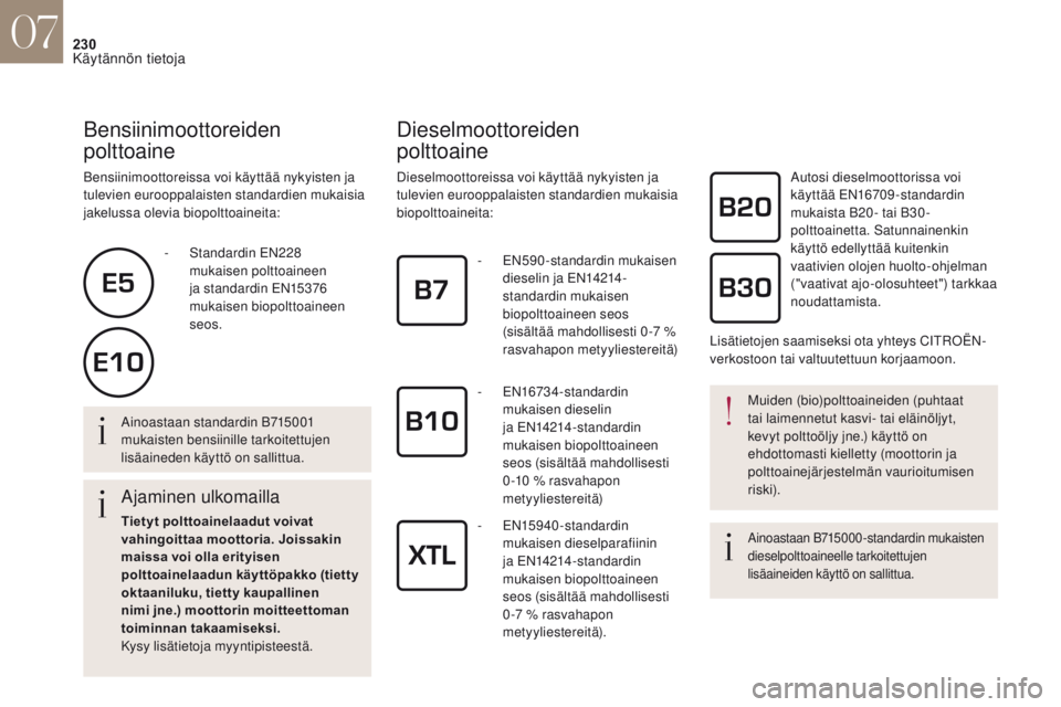 CITROEN DS4 2017 Omistajan Käsikirjat (in Finnish) 230
Bensiinimoottoreiden
polttoaine
Bensiinimoottoreissa voi käyttää nykyisten ja
tulevien eurooppalaisten standardien mukaisia
jakelussa olevia biopolttoaineita:
Dieselmoottoreiden
polttoaine CITROEN DS4 2017 Omistajan Käsikirjat (in Finnish) 230
Bensiinimoottoreiden
polttoaine
Bensiinimoottoreissa voi käyttää nykyisten ja
tulevien eurooppalaisten standardien mukaisia
jakelussa olevia biopolttoaineita:
Dieselmoottoreiden
polttoaine